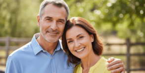 middle aged man and woman smiling with dental implants