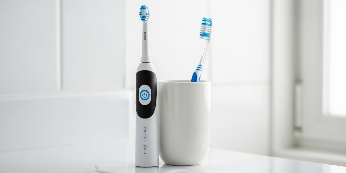 an electric and manual toothbrush next to each other